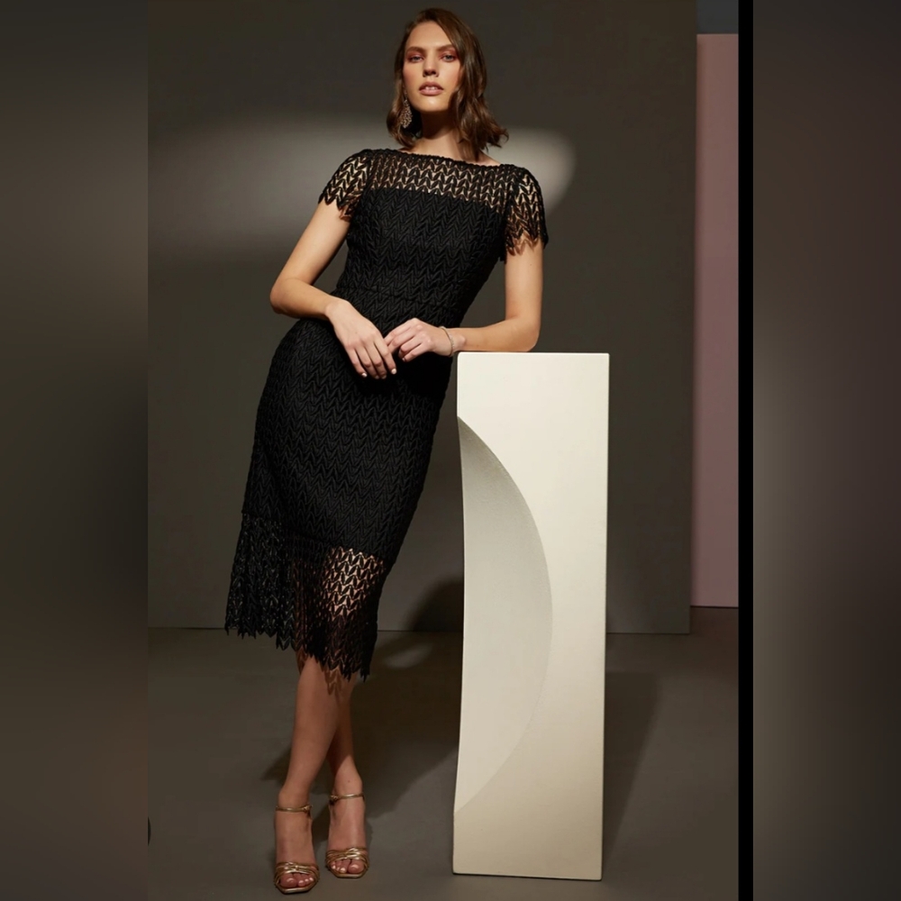 Kay Unger Black Sheath Midi Dress with Square Neck